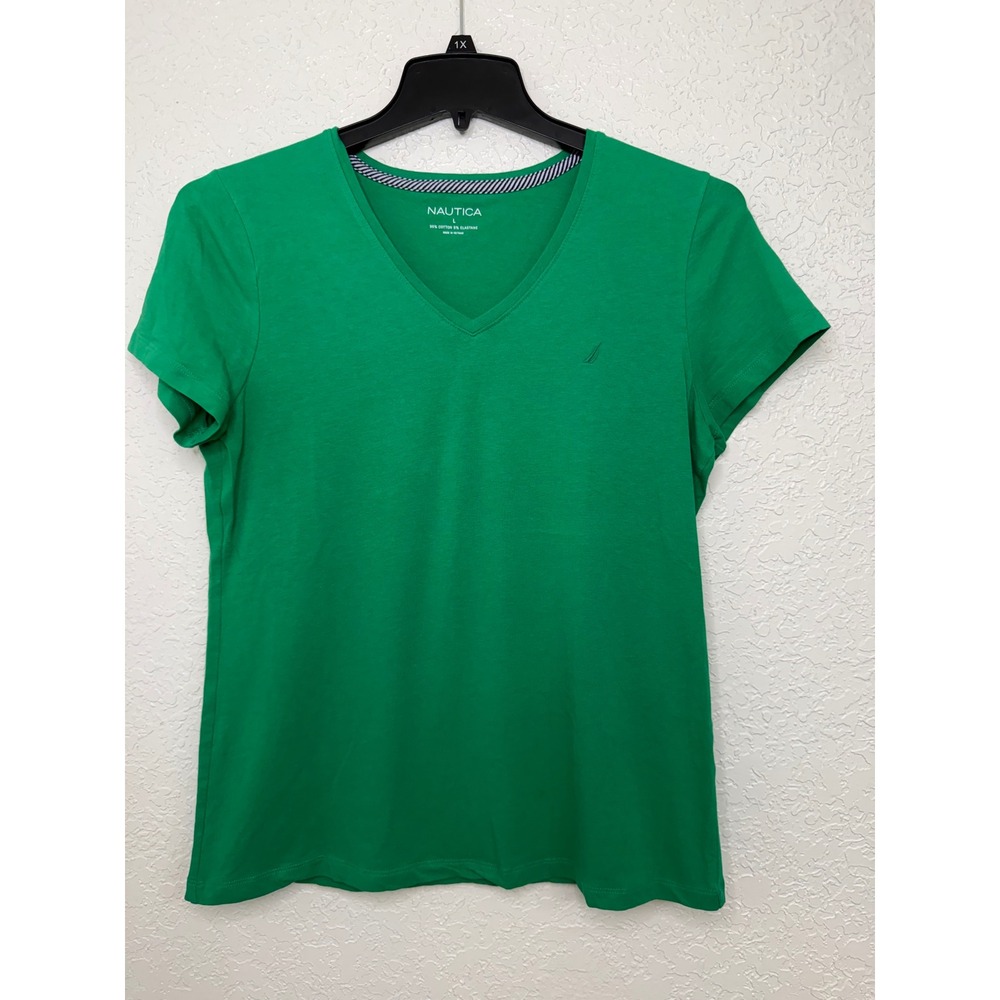 Nautica Womens V-Neck Short Sleeve T-Shirt Green Cotton Stretch Size L‎